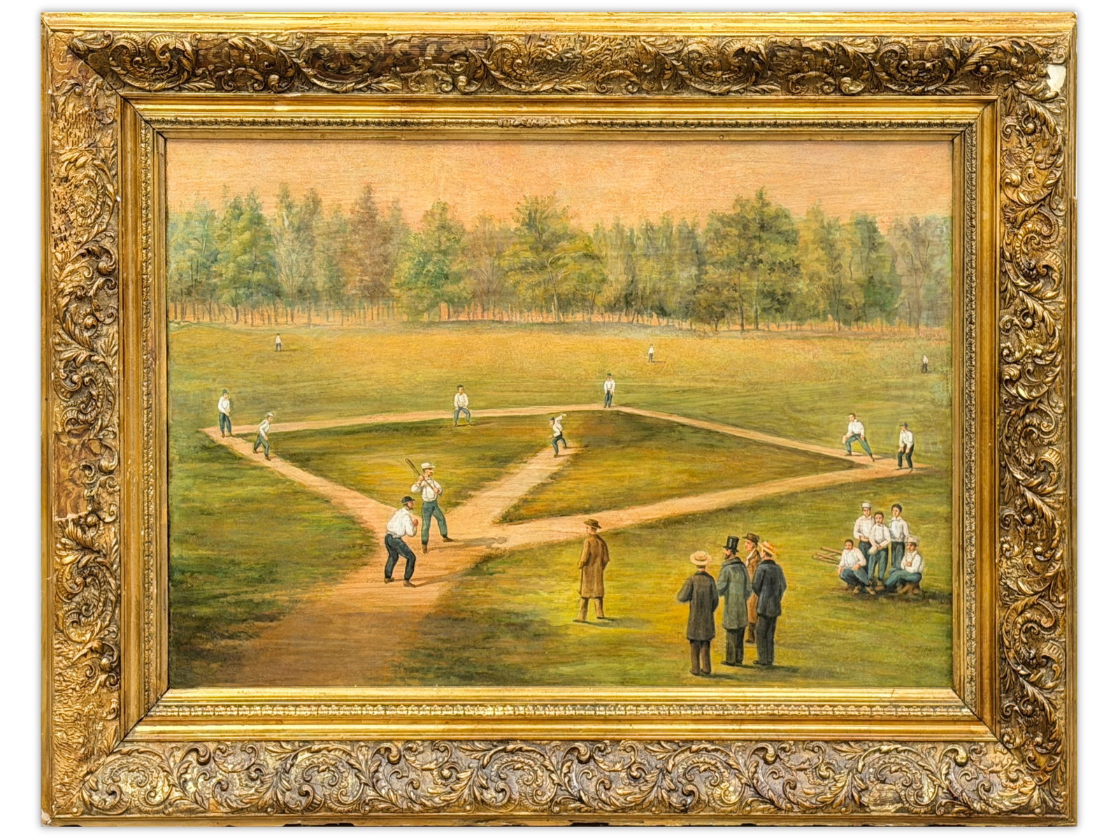 Unsigned Baseball Oil on Canvas: Baseball oil on canvas. Unsigned. Depicts an early baseball game. Framed. Sight size approximately 18'' x 26 1/2''; frame approximately 26'' x 34 1/2''. Shipping: Weiss Auctions offers full-service, i
