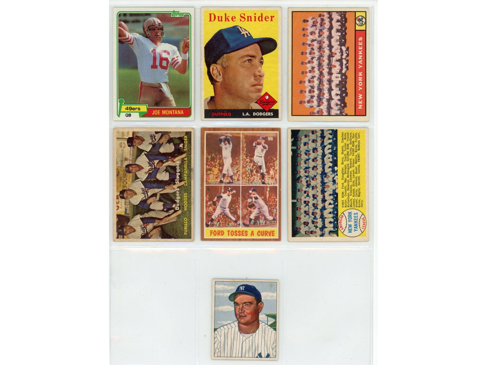 Baseball & Joe Montana Rookie Lot: Mixed sports collectors lot including eight cards, seven baseball and one Joe Montana rookie card. Also includes a 1957 Brooklyn Dodgers yearbook and two signed and inscribed Carl Erskine photographs/