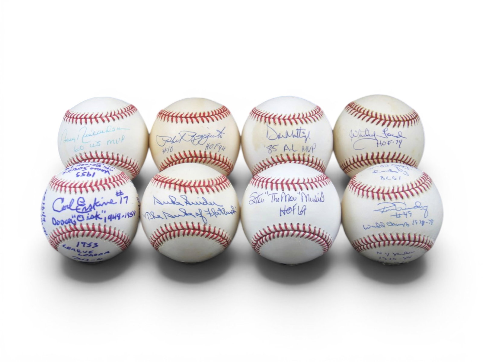(8) Signed Baseballs with Inscriptions: Group of (8) signed and inscribed baseballs including Duke Snider ("The Duke of Flatbush"), Don Mattingly ("85 A.L. MVP", JSA W120694), Bobby Richardson ("60 WS MVP", Steiner sticker), Phil Rizzuto ("