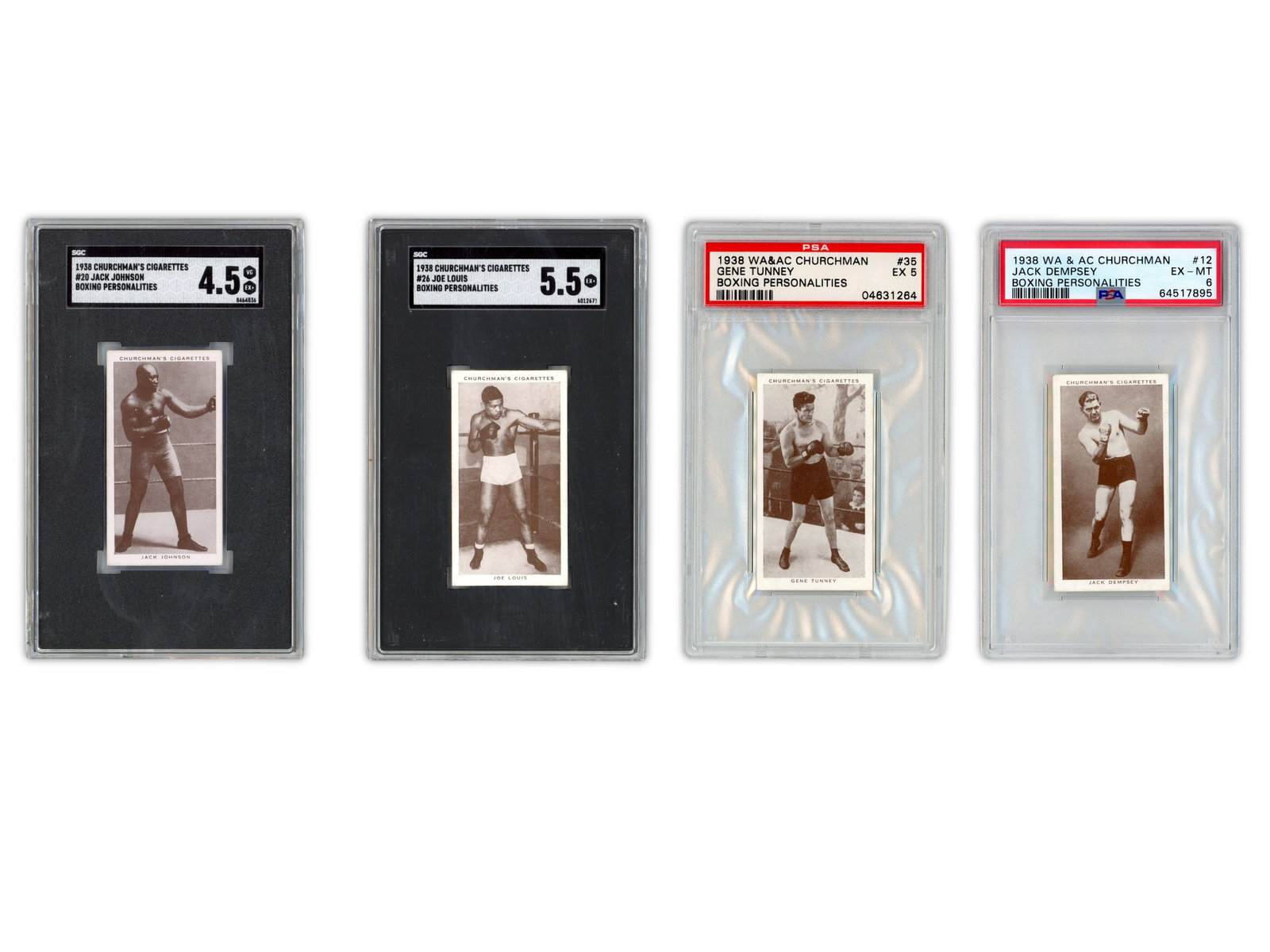 (4) 1938 Churchman Boxing Personalities Cards: Offered are (4) 1938 WA&AC Churchman Boxing Personalities Cigarette Cards. Each card is graded. Includes Jack Dempsey #12 PSA 6, Jack Johnson #20 SGC 4.5, Joe Louis #26 SGC 5.5, and Gene Tunney #35 PS