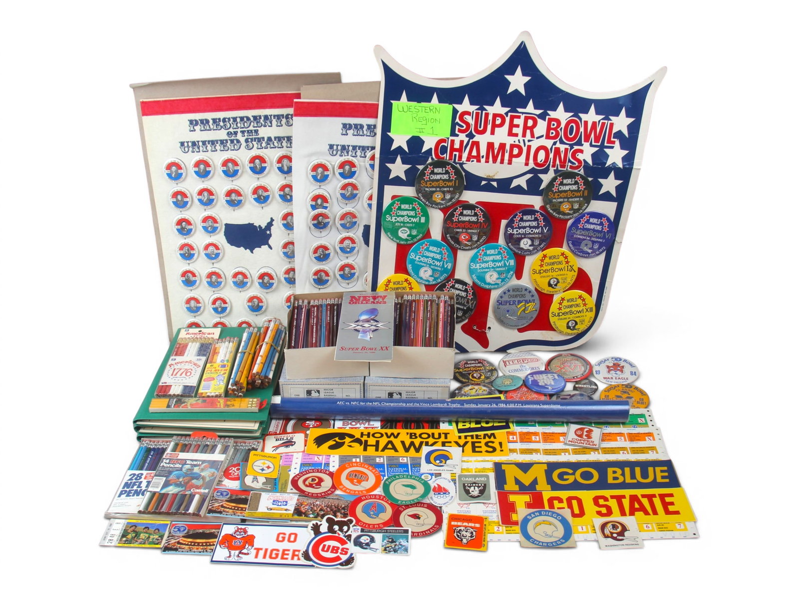 Sports Buttons, Tickets & Pencil Collection: Large sports and advertising collectible lot featuring (3) Faber-Castell NFL football pencil sets, each containing 28 pencils, (2) Major League pencil boxes by Matt Skorey marked 1 gross each but not 