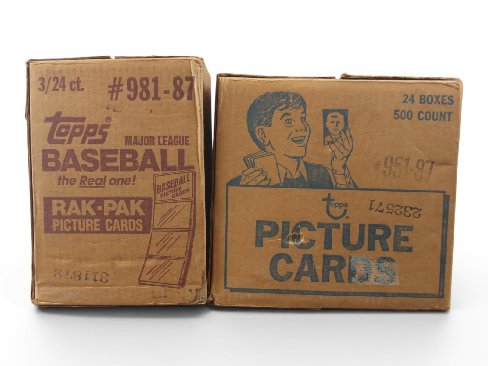 1987 Topps Baseball Vending Case & Rack Pack Case: Includes a 1987 Topps Baseball vending case containing twenty four 500 count boxes, along with a 1987 Topps Baseball rack pack case containing (3) boxes with 24 rack packs in each, for a total of 72 r