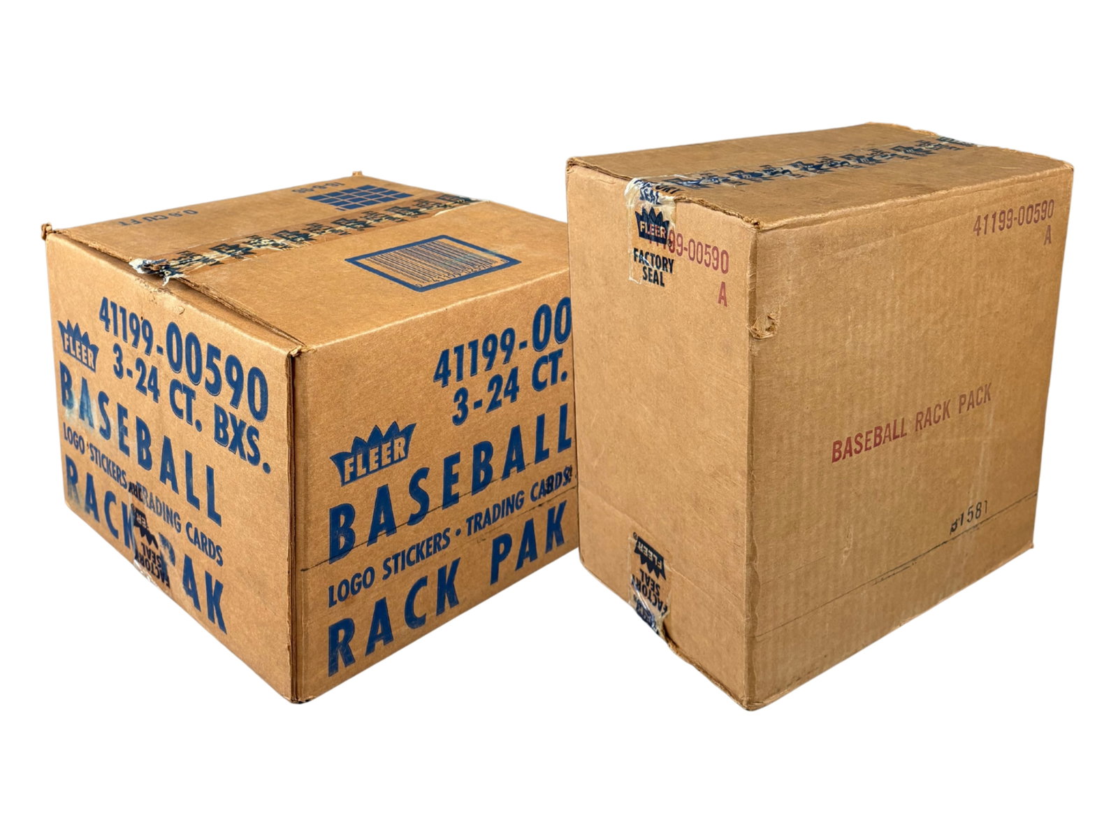 (2) 1989 Fleer Baseball Rack Pack Cases: Lot consists of (2) 1989 Fleer Baseball Rack Pack Cases. Each featuring three boxes of 24 rack packs. Possible key cards from the set include: Ken Griffey Jr, Randy Johnson, Gary Sheffield, Craig Bigg