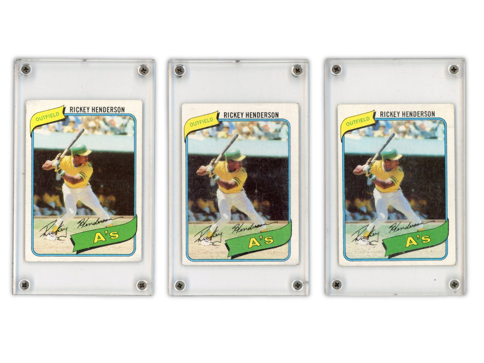 1980 Topps Rickey Henderson Rookie Trio Lot: Offered is a trio of 1980 Topps #482 Rickey Henderson rookies. Ungraded. See scans for condition. Shipping: Weiss Auctions offers full-service, in-house shipping for nearly all items in this auction. 