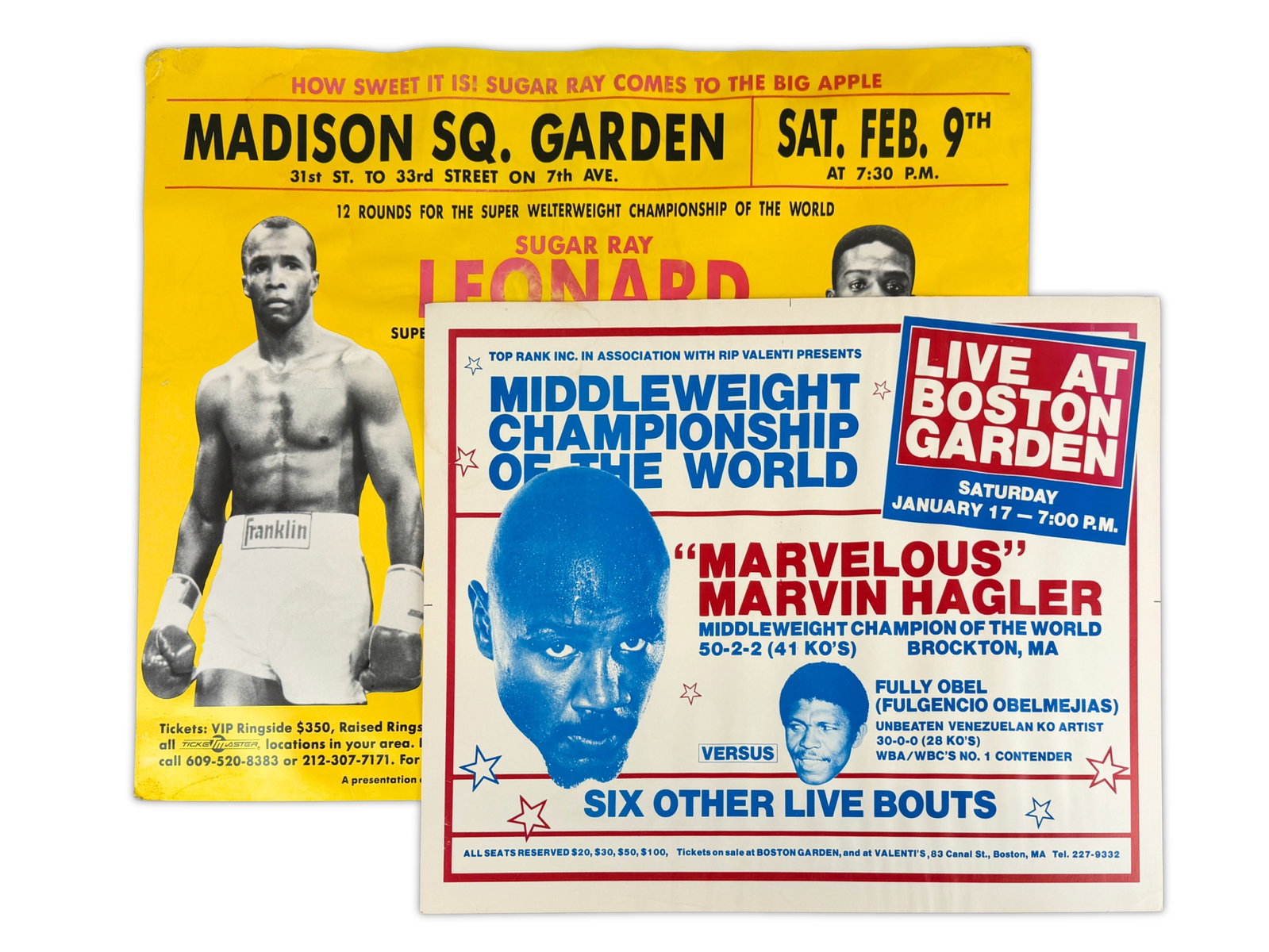 (2) Original On Site Boxing Posters: Group of two original on-site boxing posters. The first is a 1981 Middleweight Championship of the World poster featuring "Marvelous" Marvin Hagler vs. Fulgencio "Fully" Obelmejias, held at Boston Gar