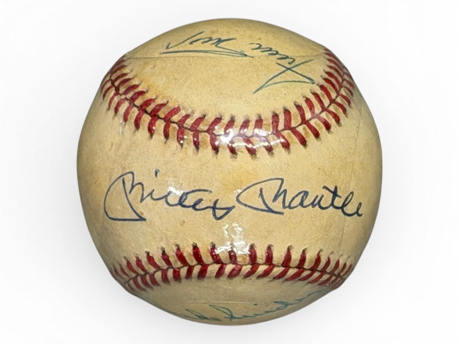 Mantle Mays Snider Signed OAL Baseball Steiner: Official American League Bobby Brown model baseball signed by Mickey Mantle, Willie Mays, and Duke Snider in blue pen, with Mantle on the sweet spot. The ball shows toning from age, though all three s