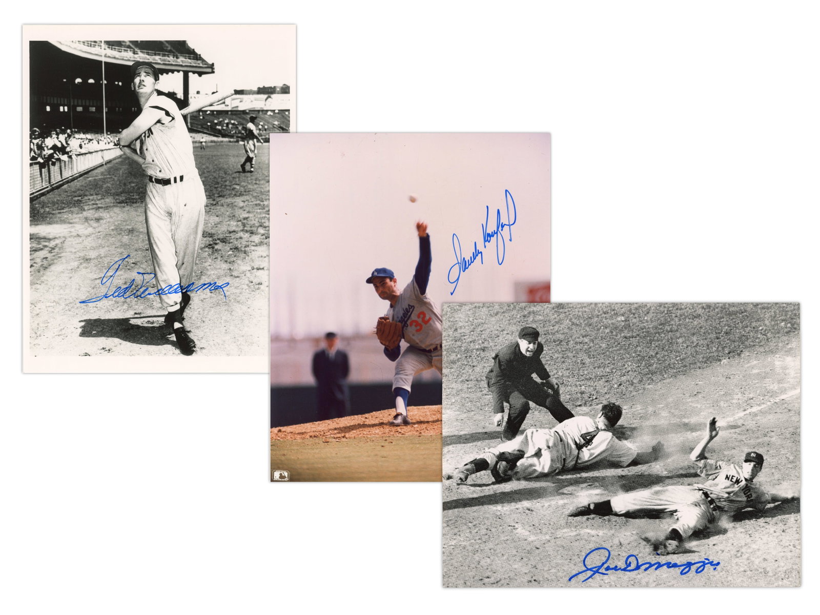 (3) HOF Signed 8x10 Photos - JSA: (3) Signed 8x10 photographs of Hall of Famers including Joe DiMaggio (sliding, black and white, JSA BA01026), Ted Williams (batting, black and white, JSA BA01024), and Sandy Koufax (color pitching, JS