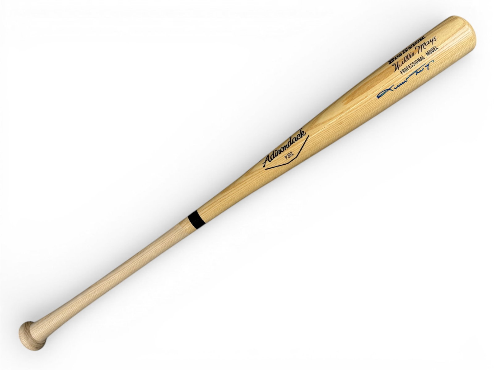 Willie Mays Signed Adirondack Bat: Willie Mays signed professional model Adirondack P302 Big Stick baseball bat, signed in blue marker. Mays, a Hall of Fame center fielder and one of the greatest all-around players in baseball history,