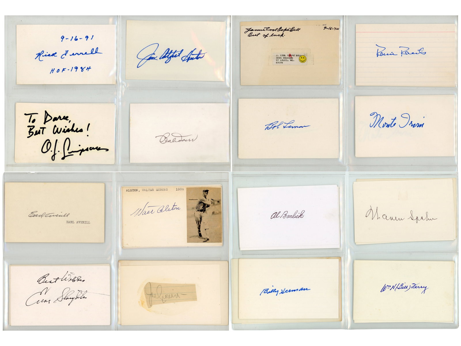 HOF Baseball Signed Index Card Collection: Binder filled with Hall of Fame baseball autographs, with many players represented by multiple examples. Includes Monte Irvin, Bob Lemon, James "Cool Papa" Bell, Walt Alston, Joe Sewell, Warren Spahn,