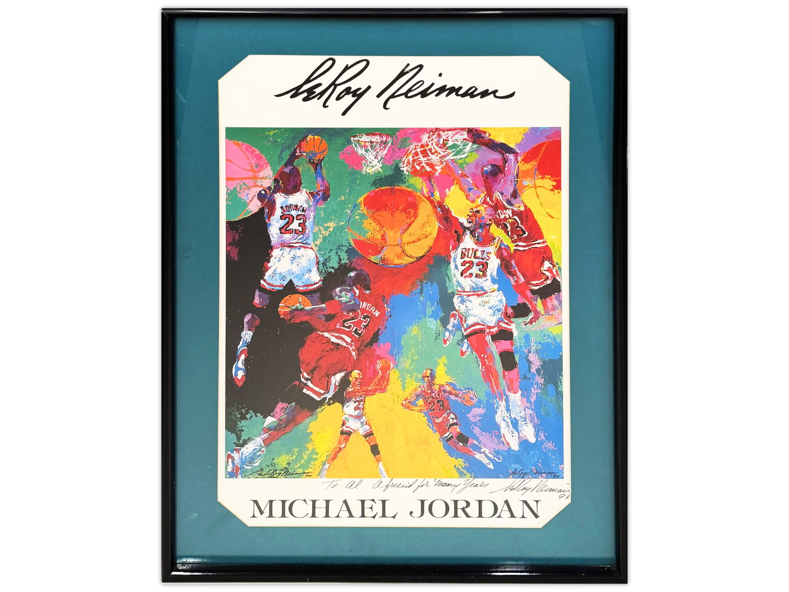 Signed LeRoy Neiman Michael Jordan Poster: Offered is a Michael Jordan lithographic poster by LeRoy Neiman, 1990's. Poster is inscribed and hand signed by Neiman....."To Al, A Friend for Many Years, LeRoy Neiman, 1993". Sight seen approx. 20-1