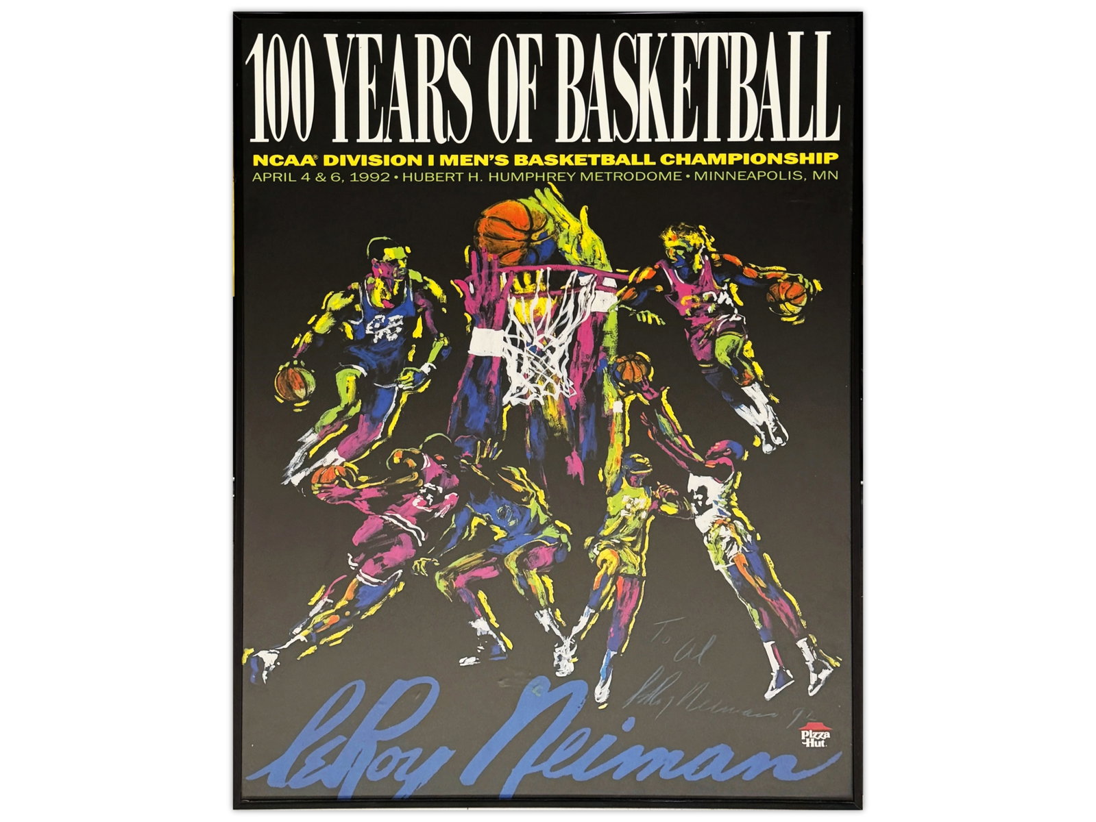 100 Years of Basketball Poster Signed LeRoy Neiman: Offered is a lithographic poster by LeRoy Neiman, "100 Years of Basketball", NCAA Division I Men's Championship, 1992. Poster is hand signed by Neiman and inscribed to "Al". Sight seen approx. 19-1/2"