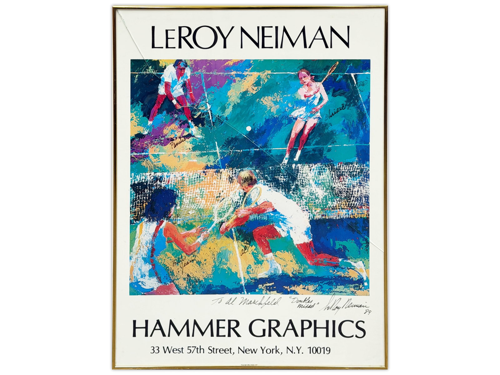 Signed LeRoy Neiman "Mixed Doubles" Poster: Offered is a lithographic poster by LeRoy Neiman, depicting Tennis Mixed Doubles, entitled "Hammer Graphics". Poster is hand signed and inscribed "To Al Marchfeld, "Doubles Mixed", LeRoy Neiman, 1989"