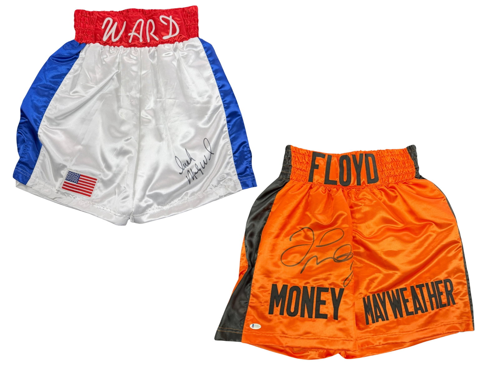 (2) Signed Boxing Trunks Mayweather/Ward: (2) Signed boxing trunks including orange trunks signed by Floyd Mayweather Jr., authenticated with a Beckett sticker, and trunks signed by Micky Ward, authenticated by JSA. Mayweather retired undefea