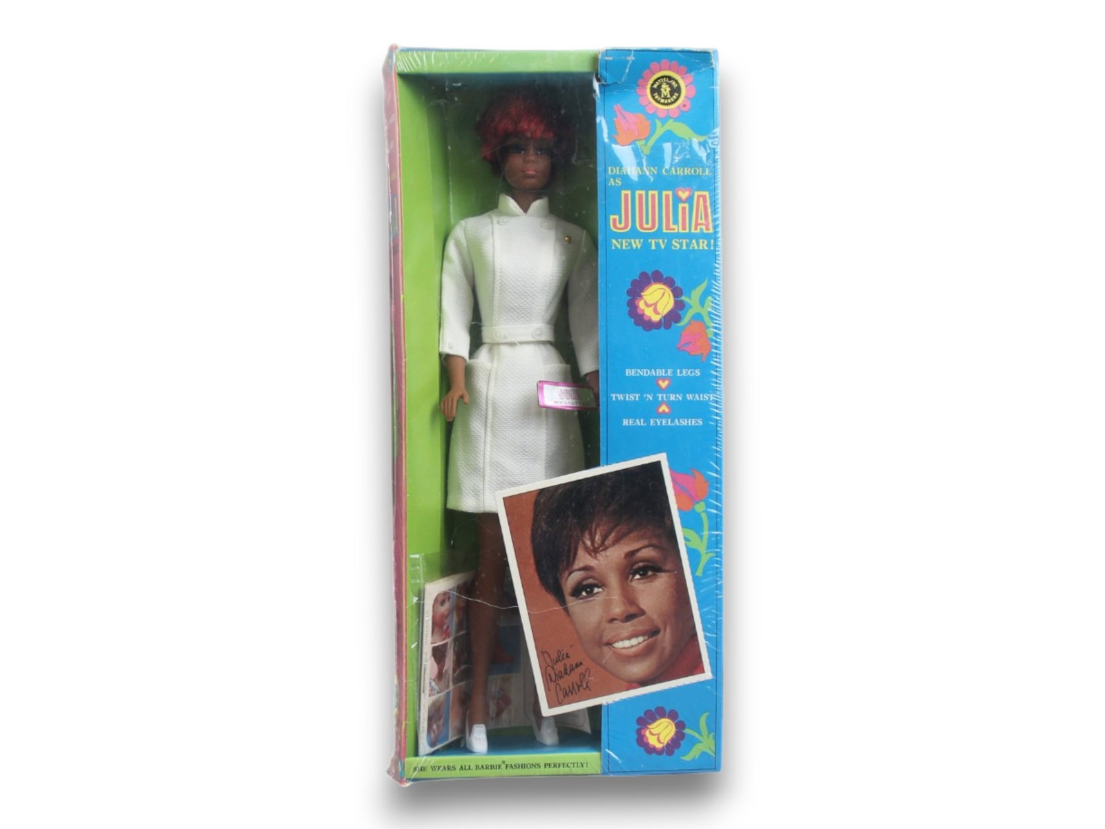 1968 MISB Diahann Carroll Julia Doll #1127: Mattel, 1968. Mint in Sealed Box, Diahann Carroll as "Julia" TV Star Doll, #1127. Features TNT body, bendable legs, and real eyelashes. Fits all Barbie fashions. Original box is still shrink wrapped, 