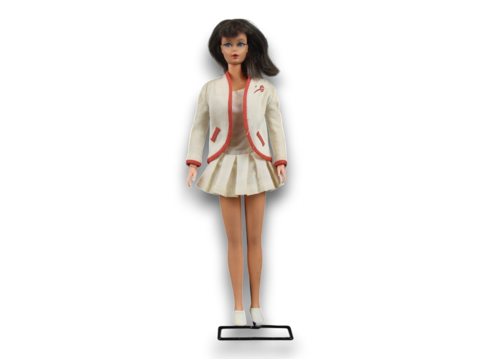 1970 Dramatic Living Barbie w/Tennis Fashion: Lot consists of a 1970-71 Dramatic Living Barbie Doll. Marked: ?1968 Mattel, Inc. U.S. & For Pat'd Other Pats. Pend. Taiwan. Dressed in #941 "Tennis Anyone" fashion outfit featuring white dress, sweat