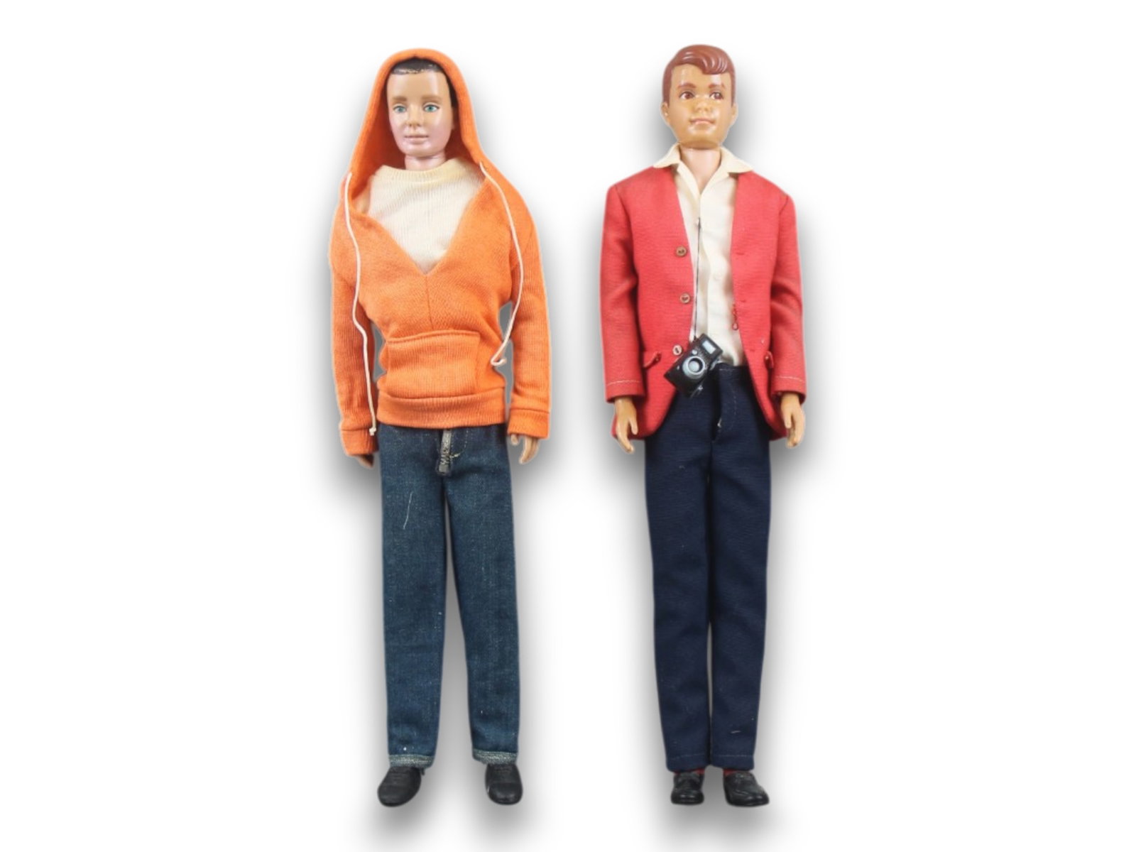 1960's Ken #750 & Allan #1000 Dolls with Outfits: Lot of (2) Vintage Dolls. Includes a 1964-66 straight leg Allan doll #1000, with molded auburn hair and brown eyes. Marked: ?1960/by/Mattel, Inc./ Hawthorne/Calif. U.S.A. Dressed in original "Ken" tag