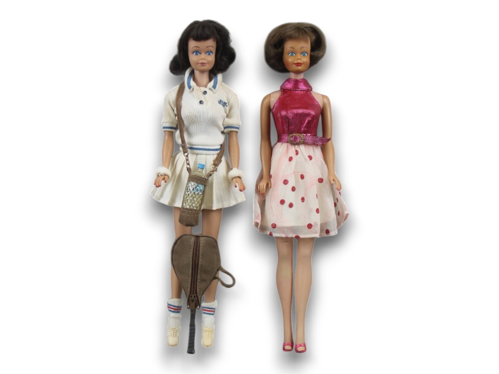 (2) Vintage Midge Dolls #860 & #1080 with Fashions: Mattel, 1963-65. Includes Midge straight leg doll #860 with freckles and blue eyes. Marked: Midge T.M./?1962/Barbie?/?1958/by/Mattel, Inc. Dressed in Barbie Millicent Roberts Collection "Tennis Outfit