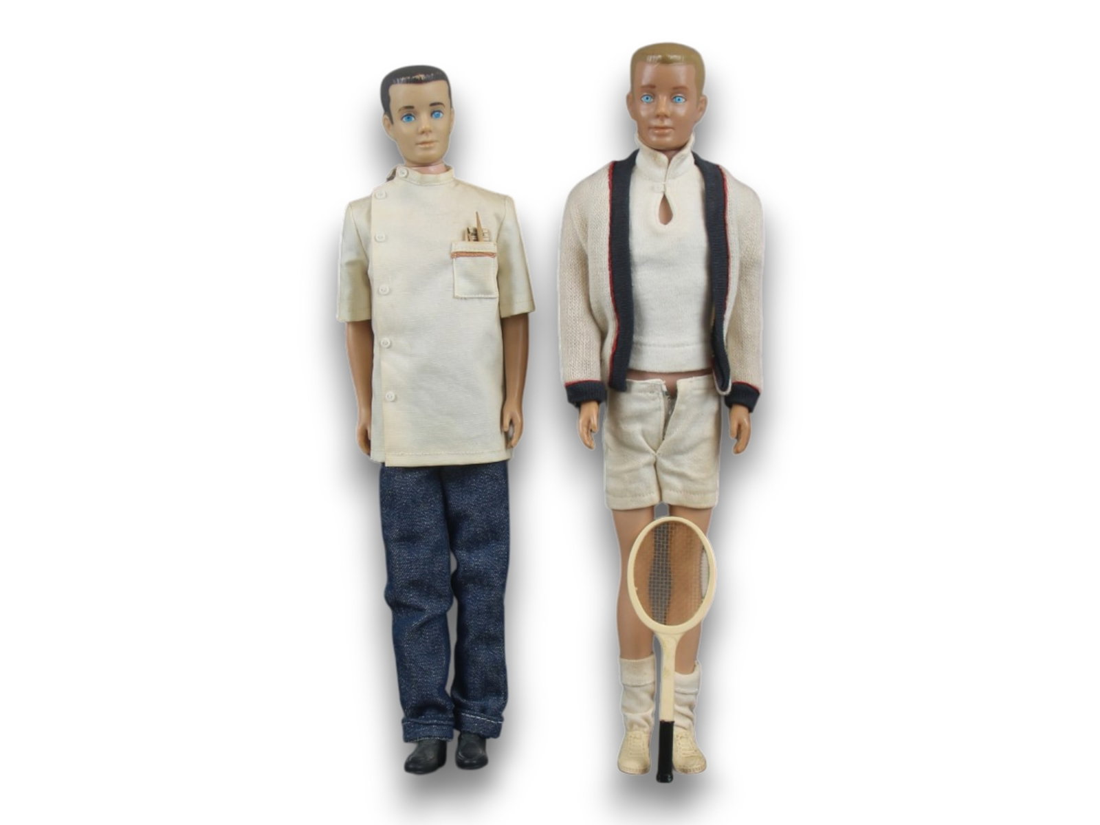 (2) Vintage Ken #750 Dolls with Fashion Outfits: Mattel, 1960's. Includes (2) Vintage Ken #750 dolls, both with molded head and painted hair. The blonde hair doll is marked: ?1960/by Mattel, Inc./ Hawthorne/Calif. U.S.A.. He is dressed in fashion ou