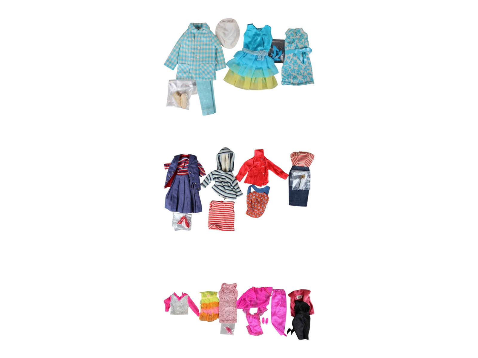 Vintage Lot of Barbie Fashion Clothes / Outfits: Includes #1637 Outdoor Life, Sears Exclusive #1510 Glamour Group Blue and White Knit, #1456 1970's Dreamy Blues, #1604 Roman Holiday, # 1631 A Board Ship, Winter Holiday Jacket, Red jacket, Barbie Jum