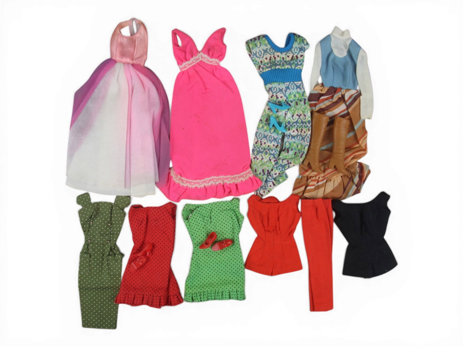 Vintage Lot of Barbie Fashion Clothes / Outfits: Includes Green Sun Shiner Dress complete with Red Heels, Red Sun Shiner Dress complete with Red Heels, "On the Go" Olive Sheath Dress, Scoop Neck Red Playsuit and Pants, (4) Best Buy Fashion Outfits