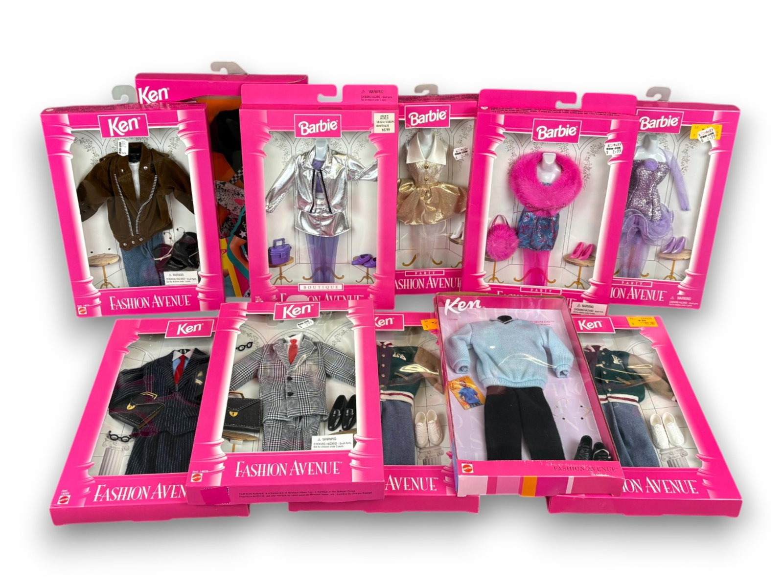 (11) Fashion Avenue Barbie Clothes: Eleven Barbie and Ken clothing items, NRFB. Circa 1990s. Shipping: Weiss Auctions offers full-service, in-house shipping for nearly all items in this auction. For a shipping quote, please contact us p