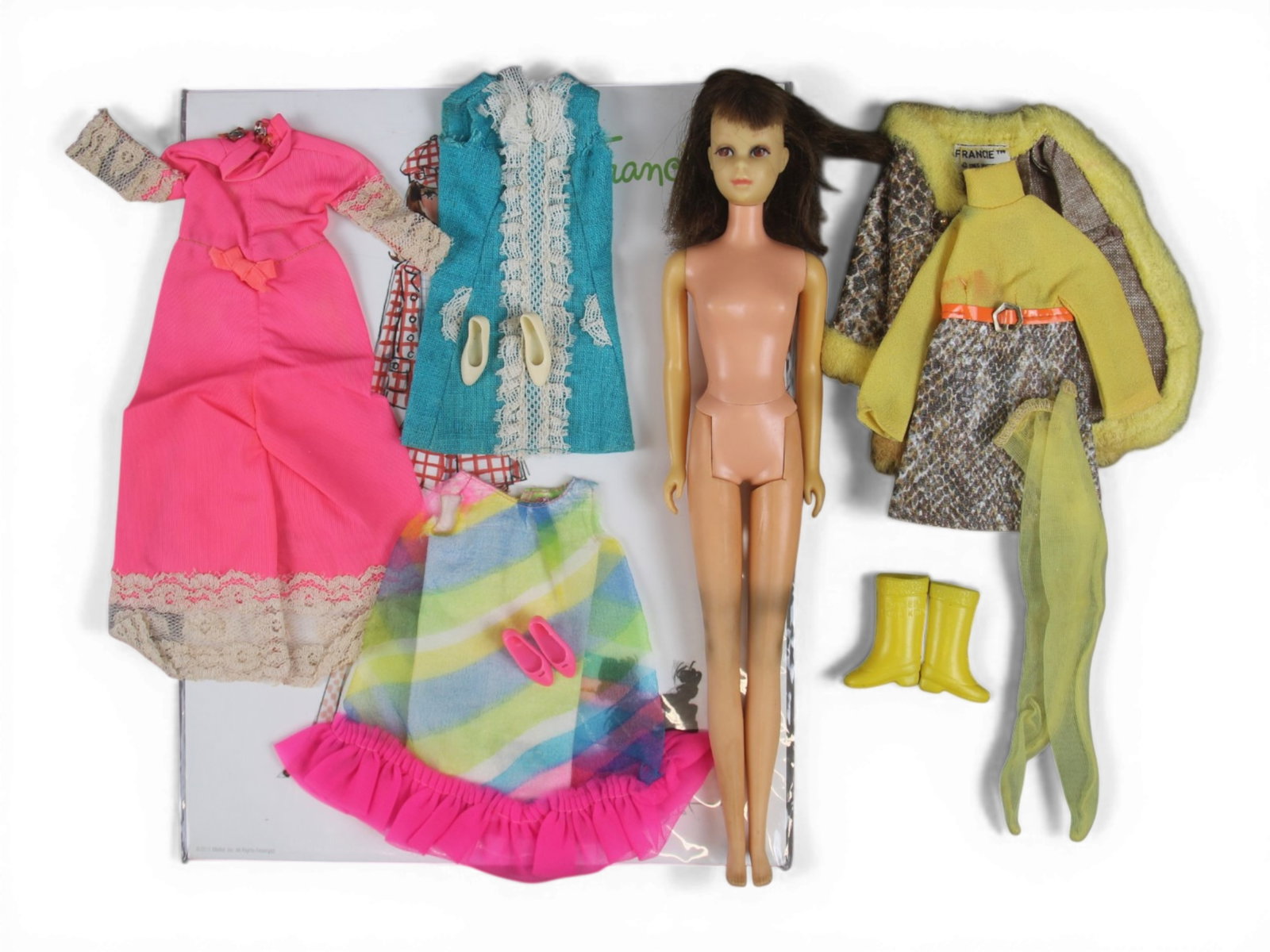Vintage Francie Straight Leg w/Fashion Outfits: Includes 1966 Straight leg Francie doll (shows wear to legs, missing eyelashes), along with 1967 #1274 "Ice Blue" outfit with turquoise dress and shoes, 1968 #1207 "Floating In" outfit with dress and 