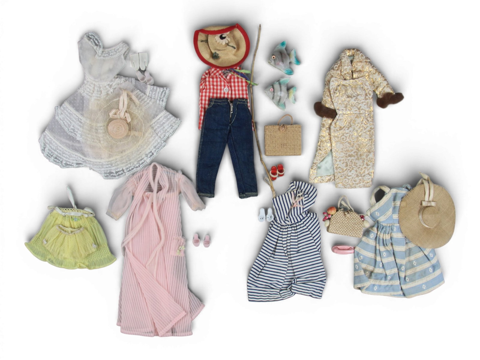 (7) Vintage 1959-64 Barbie Fashion Outfits: Includes 1959-63 #973 "Sweet Dreams" with baby doll pajamas and matching shorts only, 1959-64 #969 "Suburban Shopper" with blue and white cotton sundress, straw hat, straw tote with fruit, 1959-61 #96