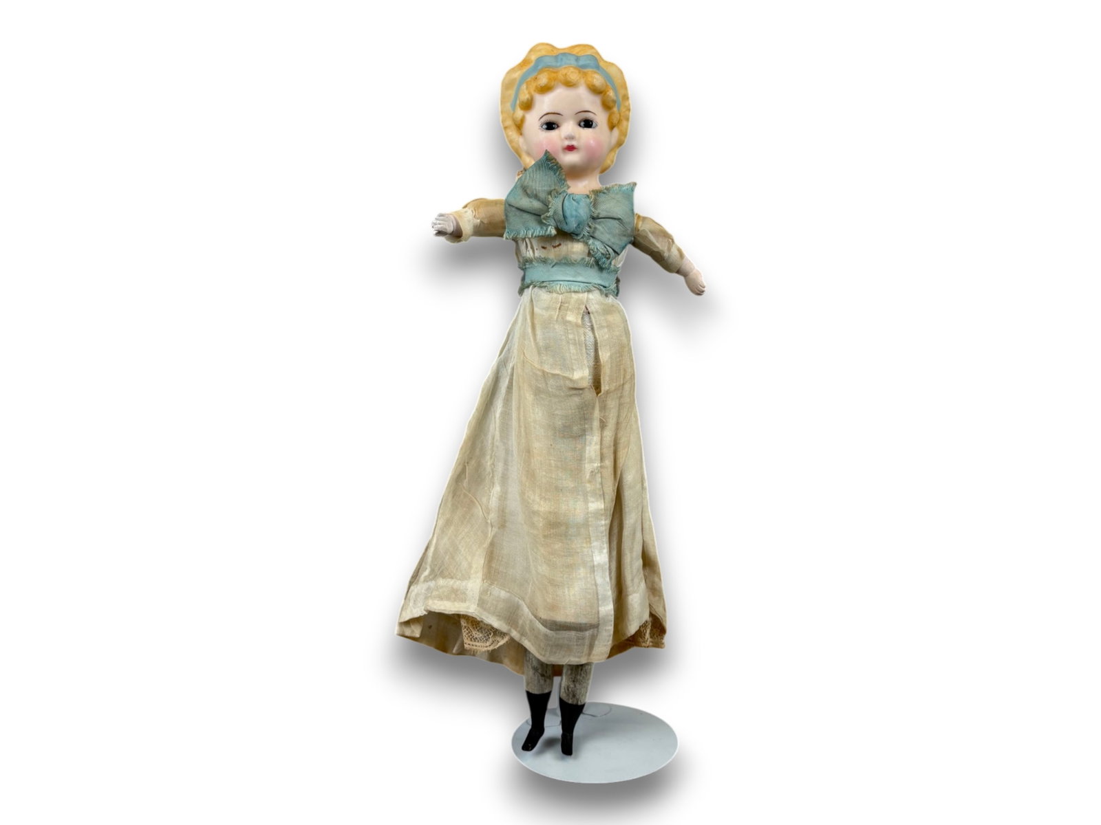 Pumpkin Head Wax Doll: 18.5 inch wax over papier mache head on cloth body with carved wooden limbs. Circa 1840s. Shipping: Weiss Auctions offers full-service, in-house shipping for nearly all items in this auction. For a sh