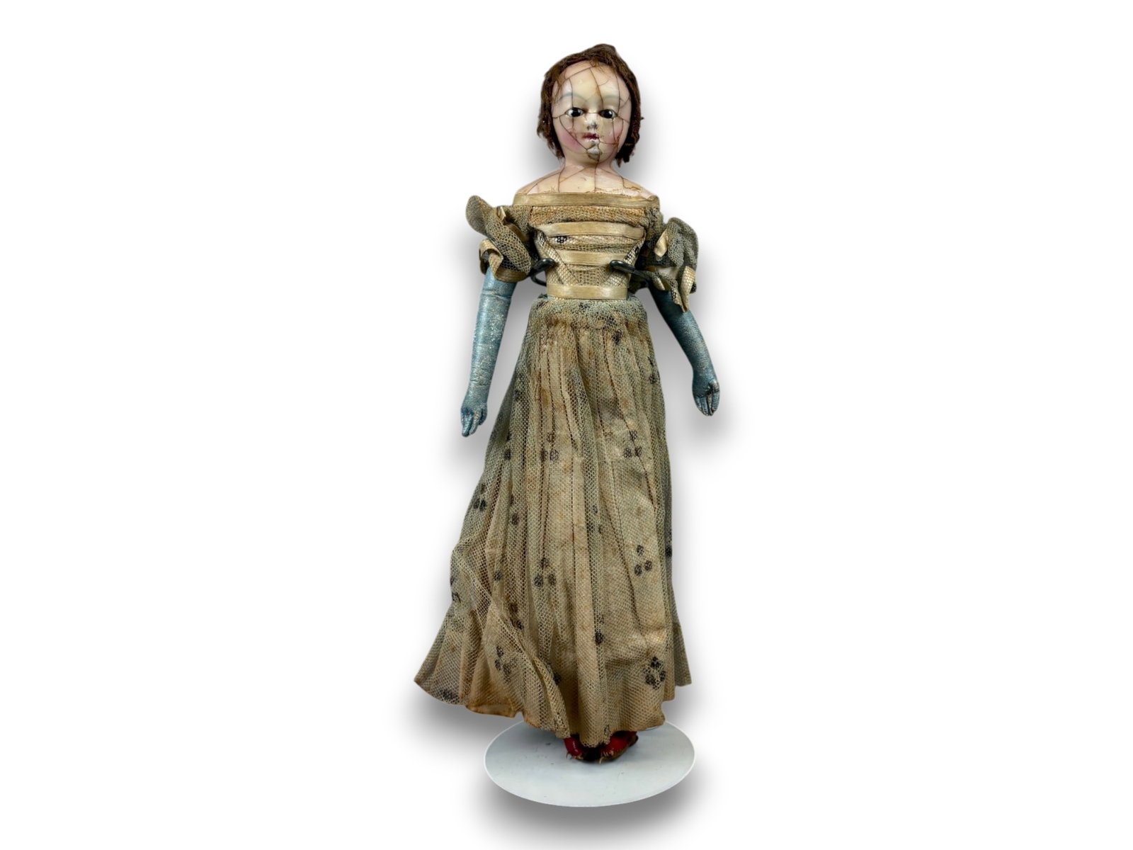 Antique Wax Doll: 15 inch wax over papier mache shoulder head with kid arms and feet, original dress. Circa 1840. Shipping: Weiss Auctions offers full-service, in-house shipping for nearly all items in this auction. Fo