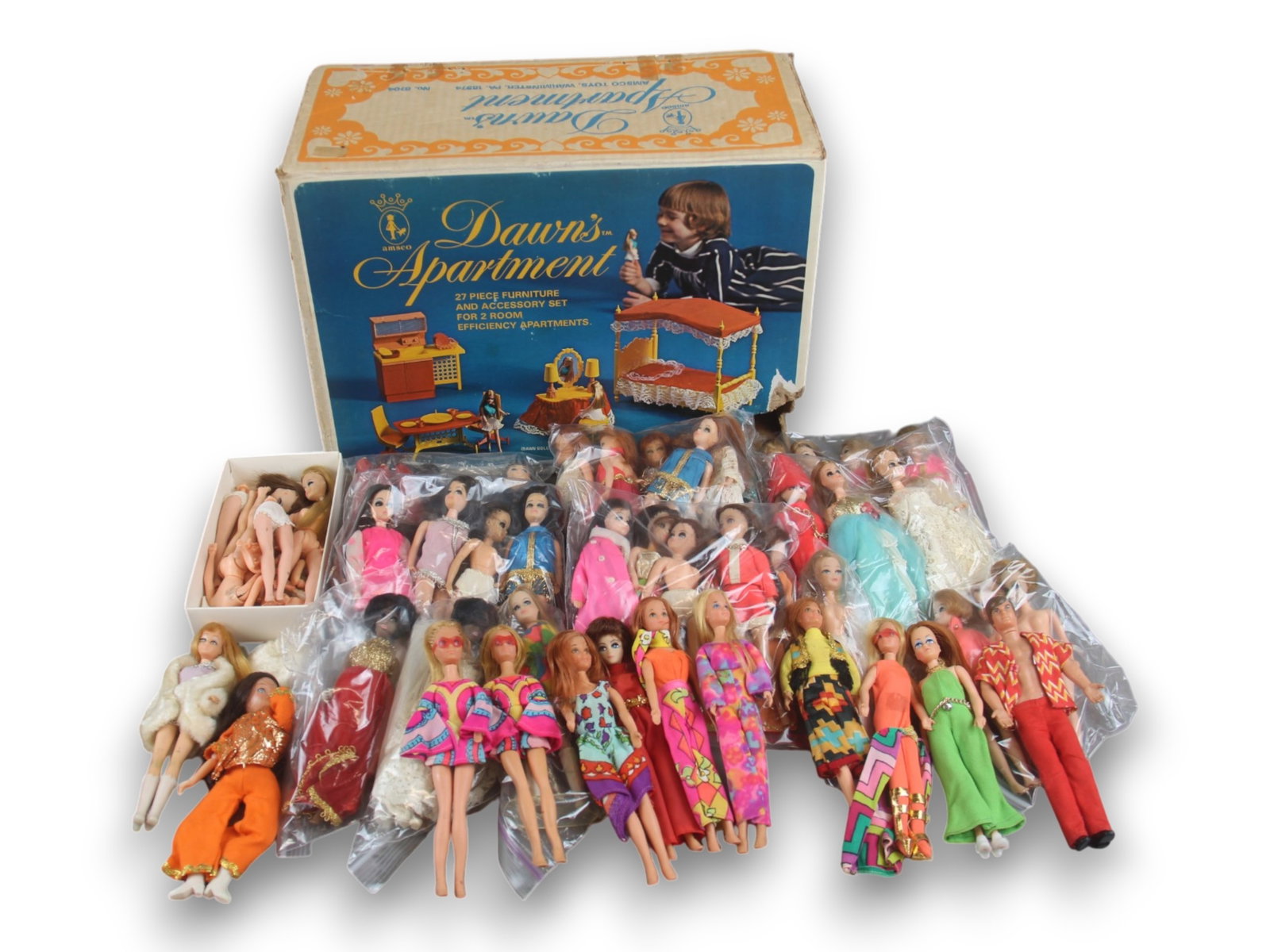 Large Bundle of Vintage Dawn Dolls & Accessories: Includes a large bundle of Dawn dolls, clothes, stands, boxed apartment (not complete), and much more. All pieces and dolls show signs of playwear. See images for further condition and included items.