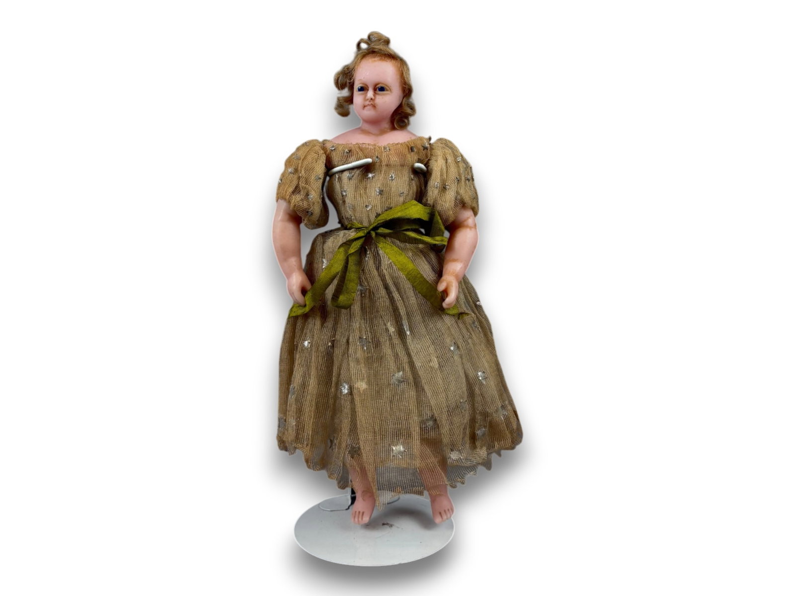 Poured Wax Antique Doll: 13 inch poured wax head doll with original dress. Circa 1850s. Shipping: Weiss Auctions offers full-service, in-house shipping for nearly all items in this auction. For a shipping quote, please contac