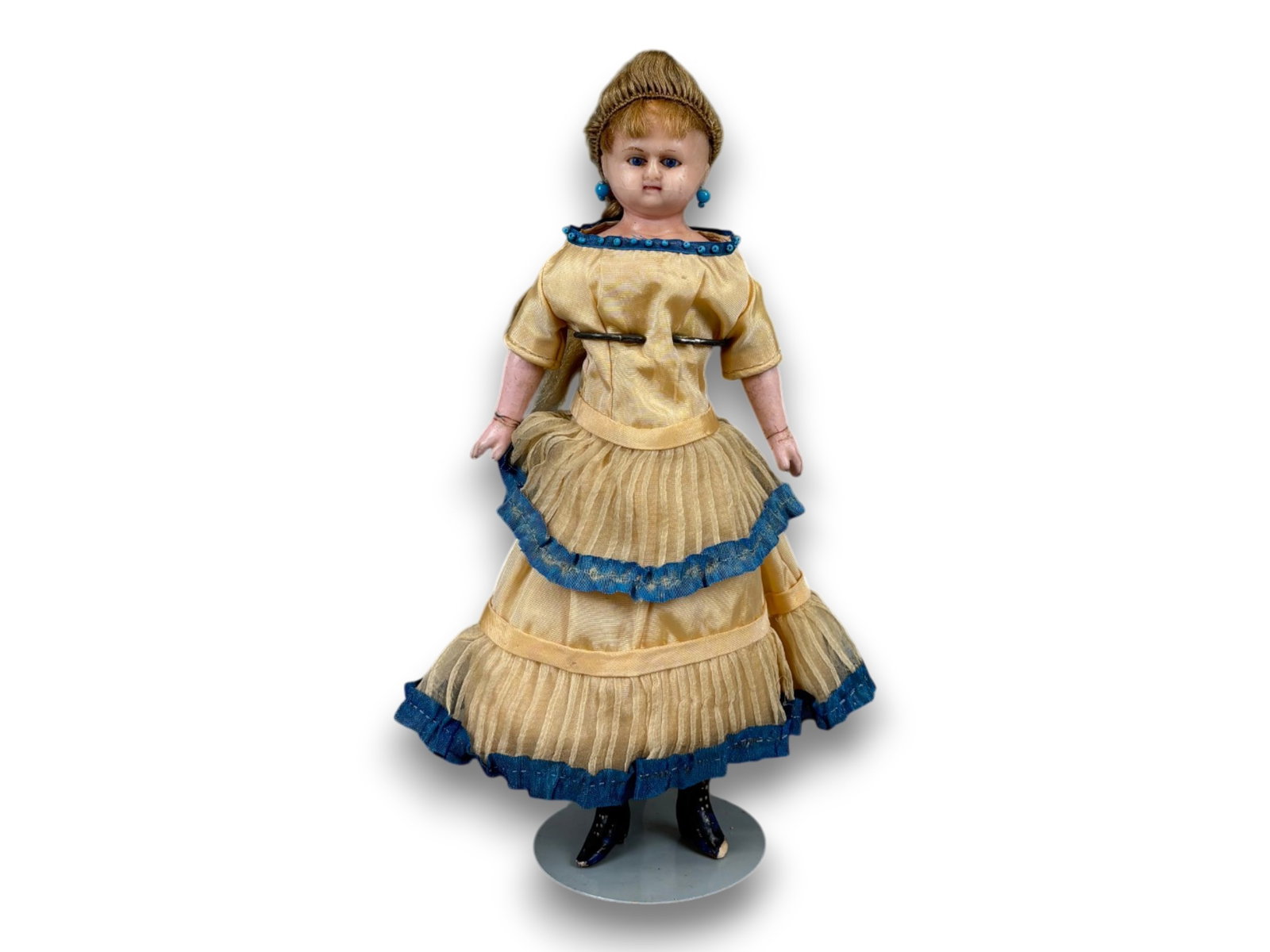 Antique Wax Doll: 10 inch wax over papier mache doll with silk dress and wig. Circa 1870. Shipping: Weiss Auctions offers full-service, in-house shipping for nearly all items in this auction. For a shipping quote, plea