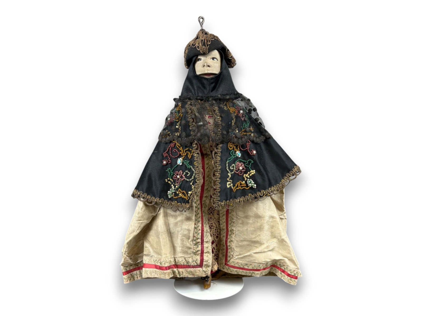 Venetian Carnival Doll: 15 inch carved wood doll with metal joints and elaborate costume. Circa 1700s. Shipping: Weiss Auctions offers full-service, in-house shipping for nearly all items in this auction. For a shipping quot