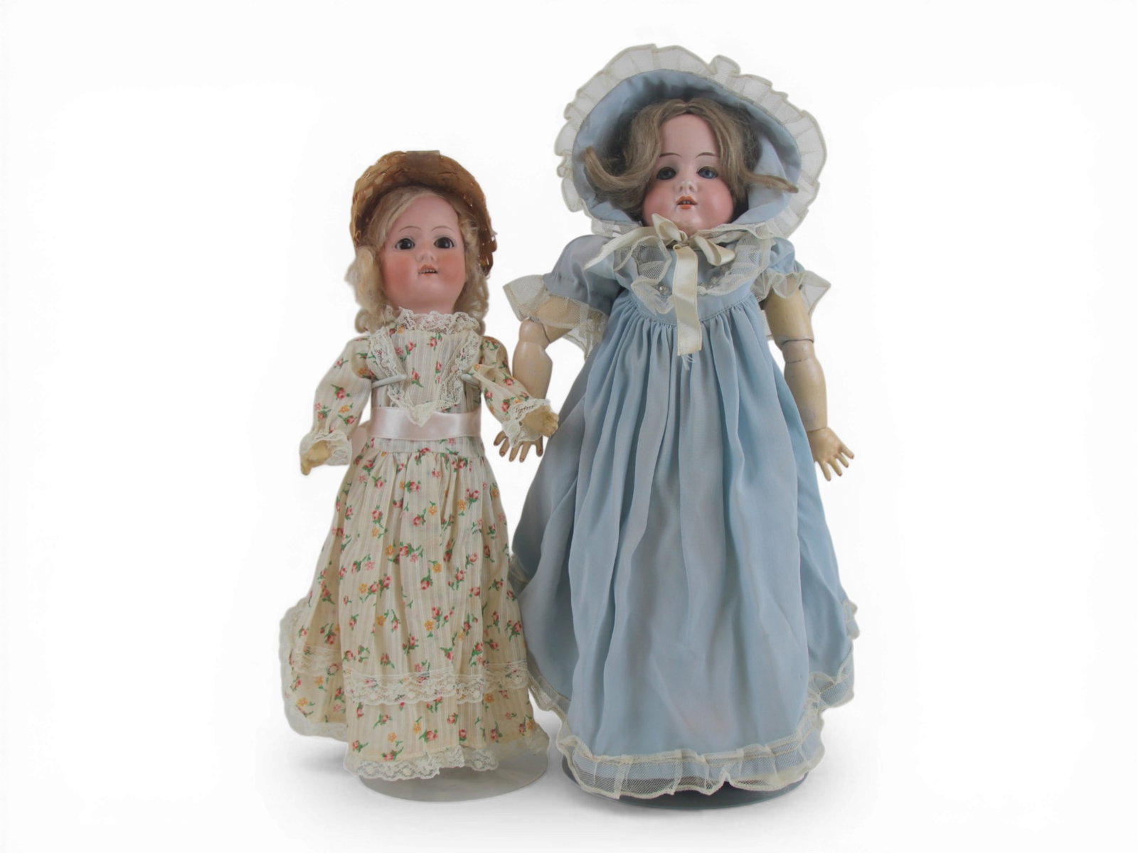 (2) German Bisque Head Dolls: 16 inch Schoenau & Hoffmeister bisque head doll on fully jointed composition body and a 13 inch Goebel 120 bisque head doll on fully jointed composition body. Circa 1890s. Shipping: Weiss Auctions off