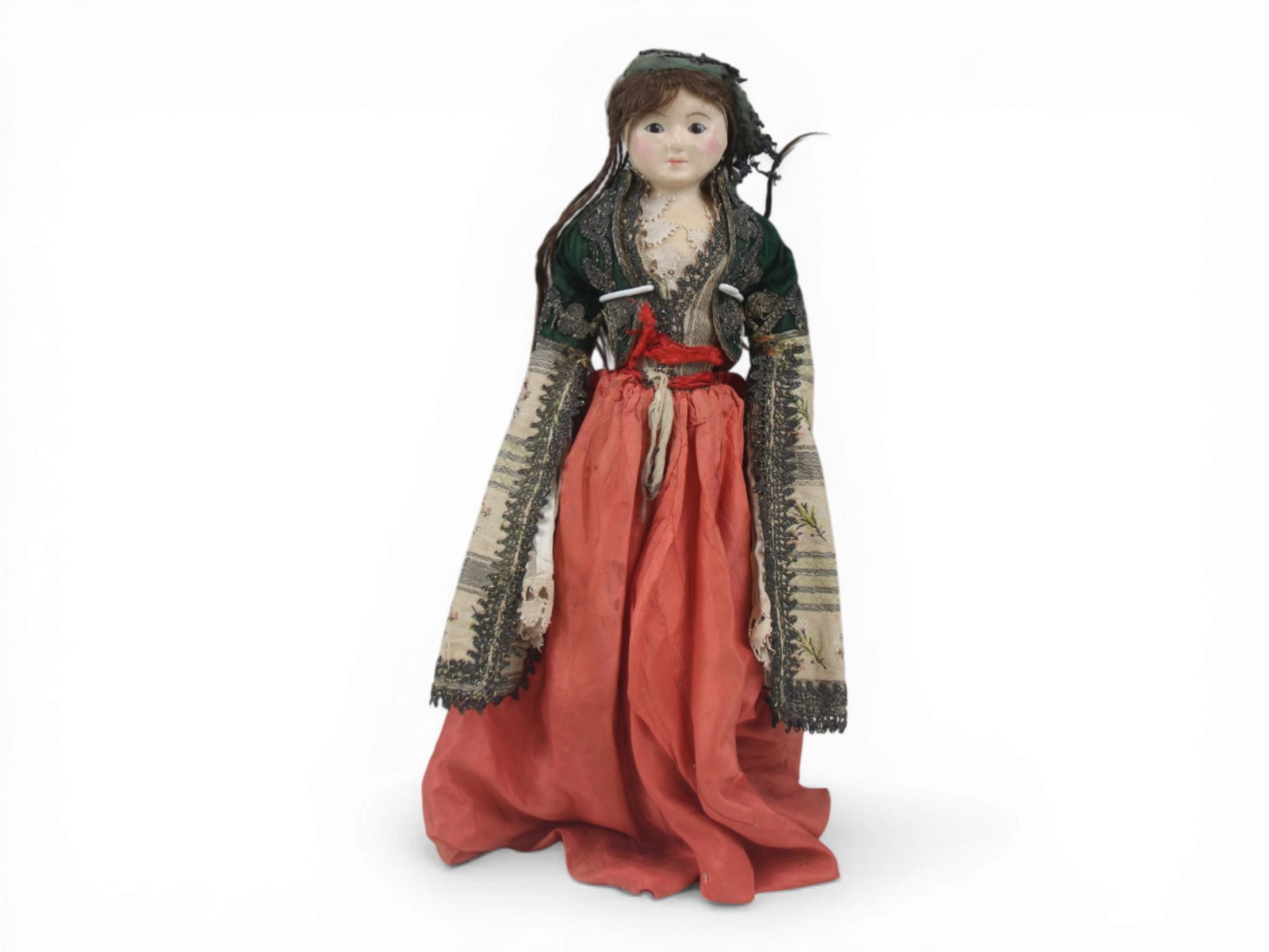 Wax Over Papier Mache Antique Doll: 18.5 inch wax over papier mache shoulder head doll on cloth body with kidskin arms. Regional costume and braided hair. Circa late 18th to early 19th century. Shipping: Weiss Auctions offers full-servi