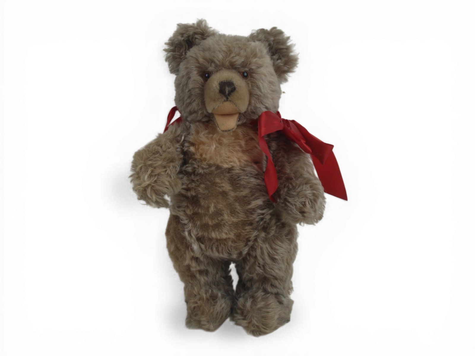 Steiff Zotty Bear with Growler: 19 inch tan mohair bear with open mouth growler, glass eyes, and original red bow. Circa 1980s. Shipping: Weiss Auctions offers full-service, in-house shipping for nearly all items in this auction.