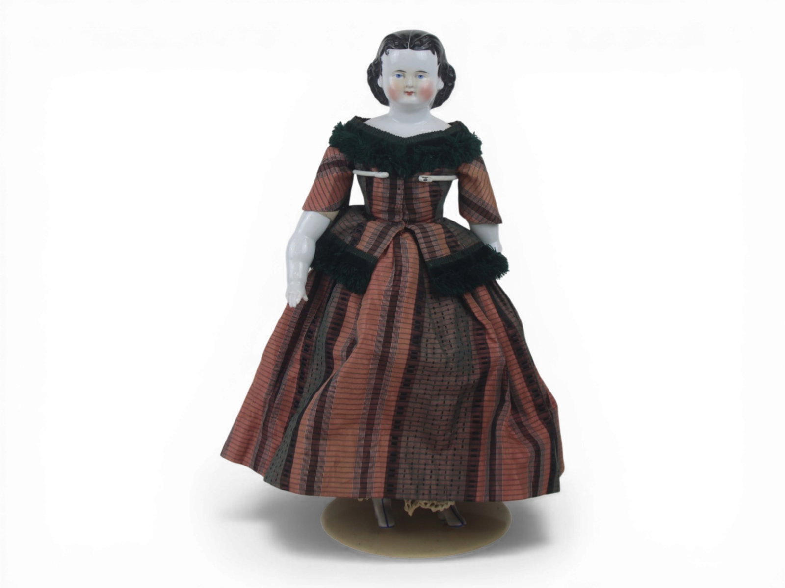 China Head Lady Doll As Is: 20 inch china shoulder head with molded black hair and painted eyes on cloth body with original arms and replaced legs, original costume. Broken nose with facial restoration. Circa 1880s. Shipping: We