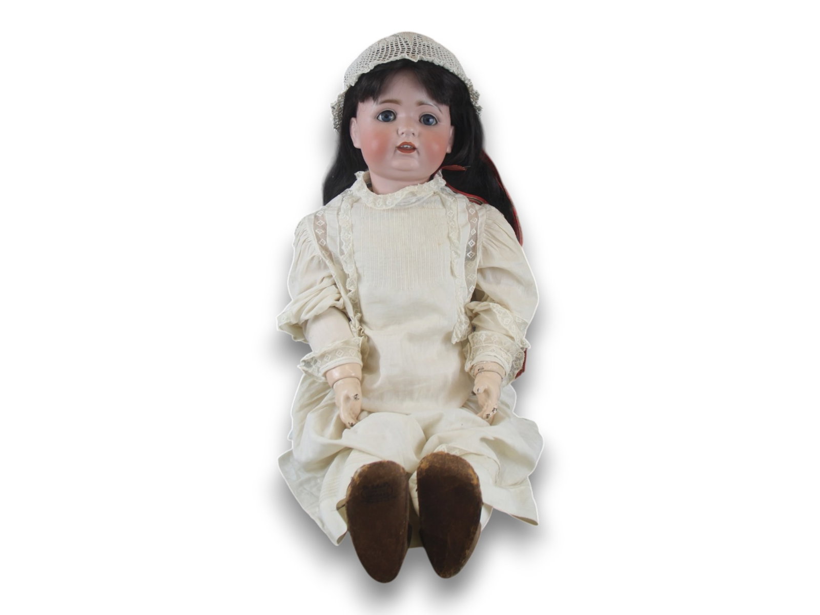 Kestner 260 Large Bisque Head Doll: 38 inch Kestner 260 bisque socket head on fully jointed composition and wood body, well repainted, with antique dress. Broken fingers noted. Circa 1915. Shipping: Weiss Auctions offers full-service, i