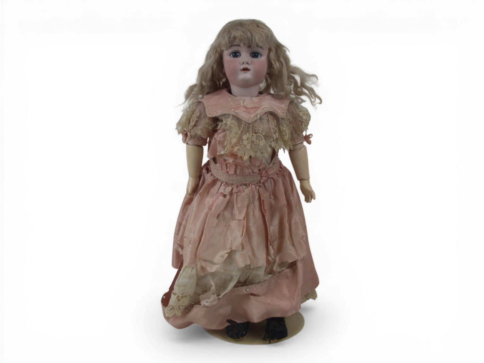DEP Handwerck Bisque Head Doll: 22 inch DEP Handwerck bisque socket head on fully jointed composition and wood body, all original. Dress shredding noted. Circa 1900. Shipping: Weiss Auctions offers full-service, in-house shipping fo