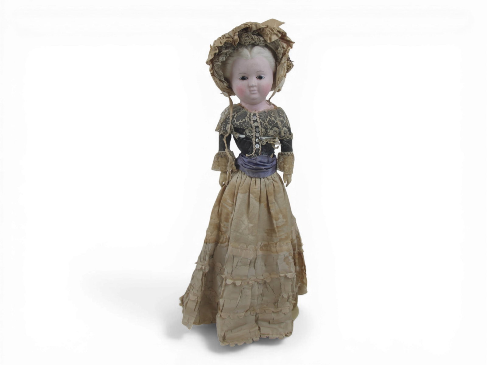 German Wax over Papier Mache Pumpkin Head Doll: 28 inch German wax over papier mache pumpkin head doll with cloth body, wooden lower legs, and composition arms, all original. Dress stained and shredding with worn bonnet. Circa 1860. Shipping: Weiss