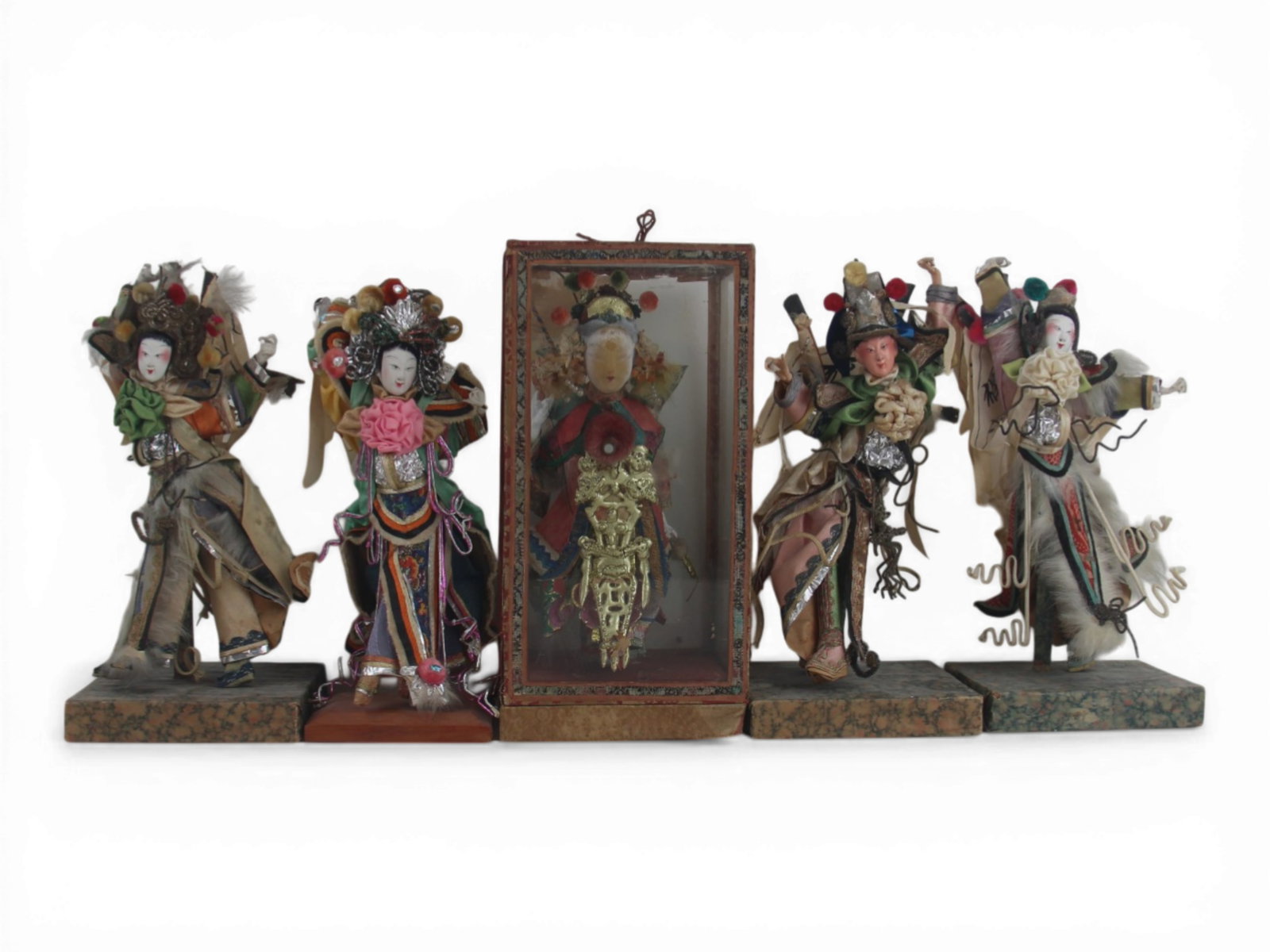 (5) Chinese Opera Dolls: Group of five Chinese opera dolls approximately 7 inches tall with papier mache heads and wire armatures in original costumes. One in glass case. Mid-century. Shipping: Weiss Auctions offers full-serv
