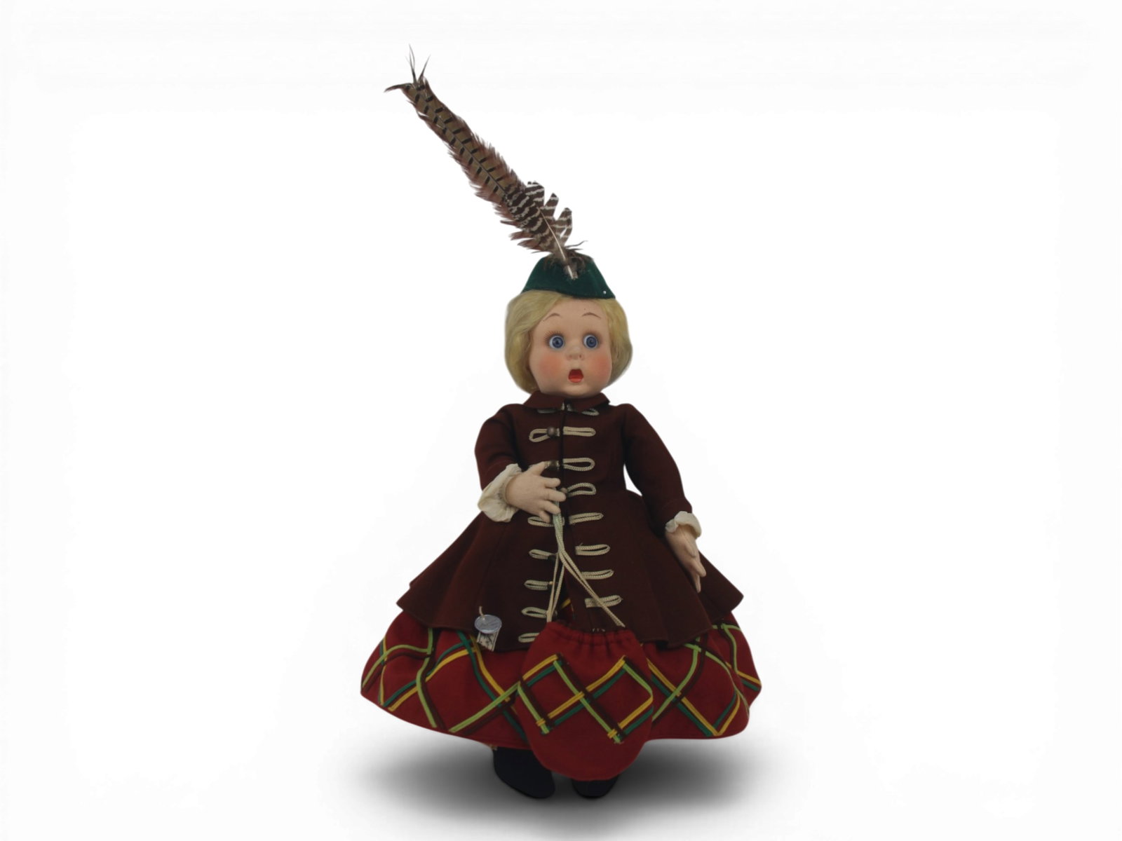 Lenci Felt Doll in Scottish Costume: 21 inch Italian Lenci felt doll with flirty googly eyes in Scottish costume. All original with tag. Circa mid-1930s. Shipping: Weiss Auctions offers full-service, in-house shipping for nearly all item