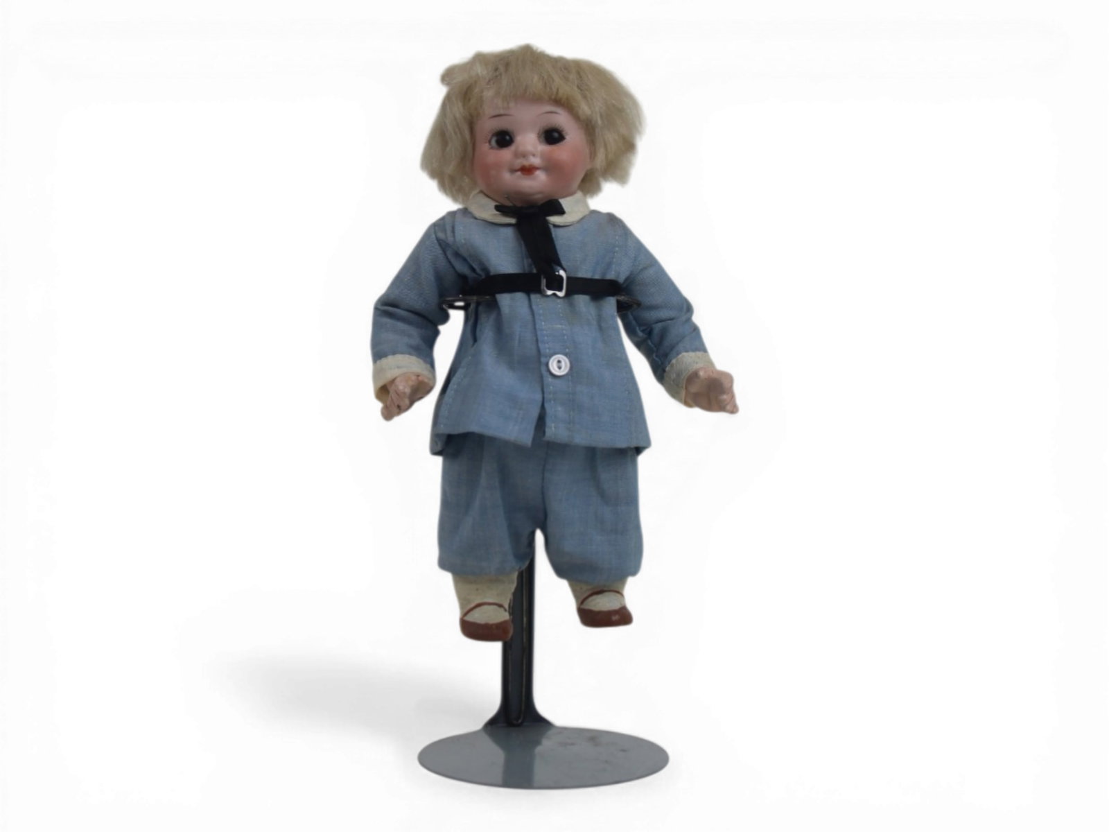Armand Marseille 323 Googly Doll: 7 inch Armand Marseille 323 bisque socket head googly doll on five piece composition body with side glancing eyes and antique clothing. Circa 1920s. Shipping: Weiss Auctions offers full-service,