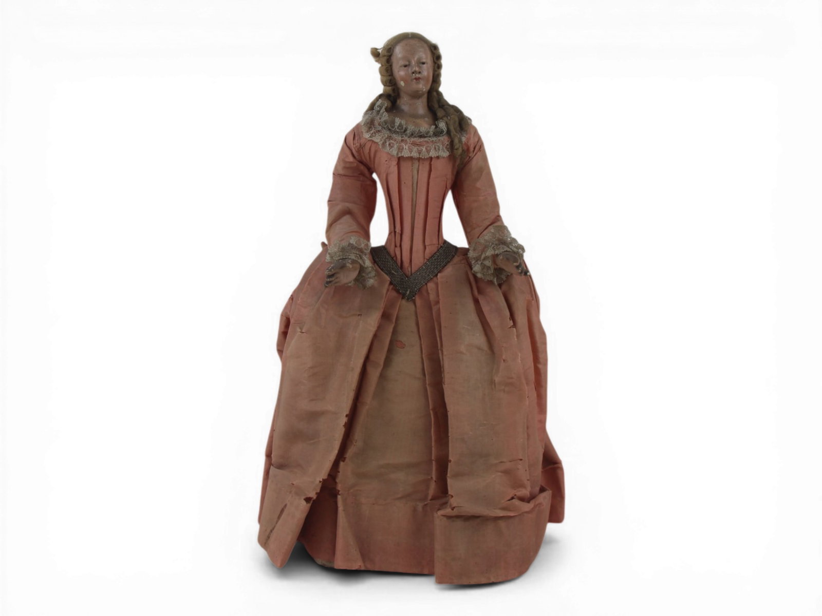 Early Italian Composition Lady Figure: 14.5 inch Italian composition lady figure on wood base with silk dress fashioned from an old handwritten letter and original mohair wig. Circa 1780. Shipping: Weiss Auctions offers full-service, in-ho