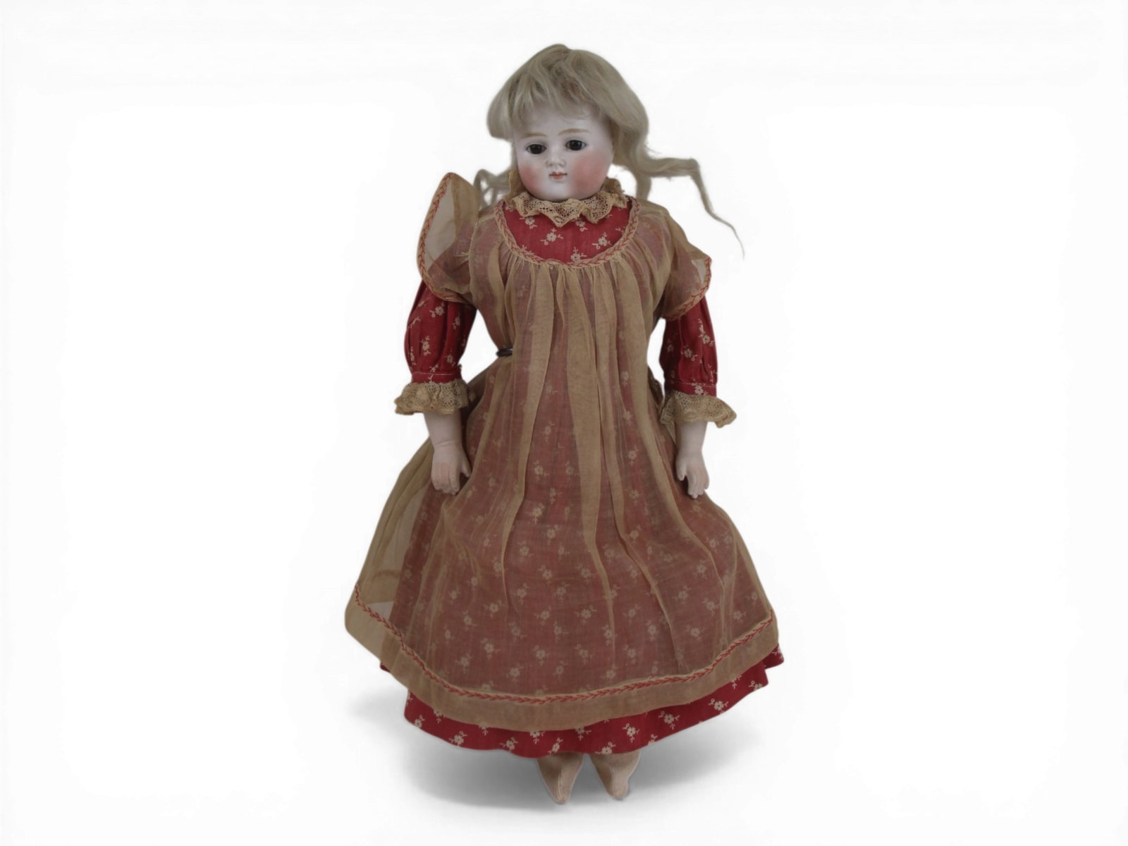 German Bisque Head Doll: 15 inch bisque shoulder head doll with closed mouth on kidskin body with bisque lower arms. Circa 1890. Shipping: Weiss Auctions offers full-service, in-house shipping for nearly all items in this auc