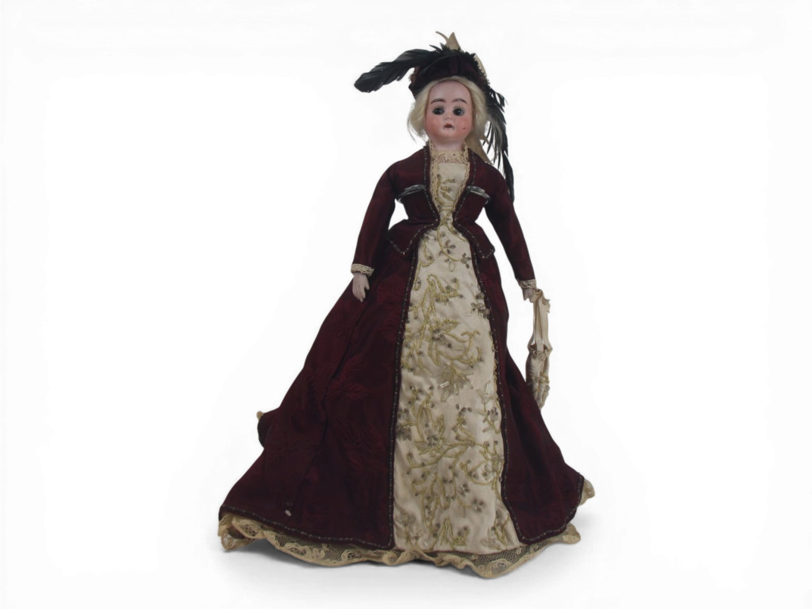 German Bisque Shoulder Head Fashion Doll: 11 inch bisque shoulder head fashion doll on cloth body with bisque hands and antique dress. Circa 1900-1915. Shipping: Weiss Auctions offers full-service, in-house shipping for nearly all items in