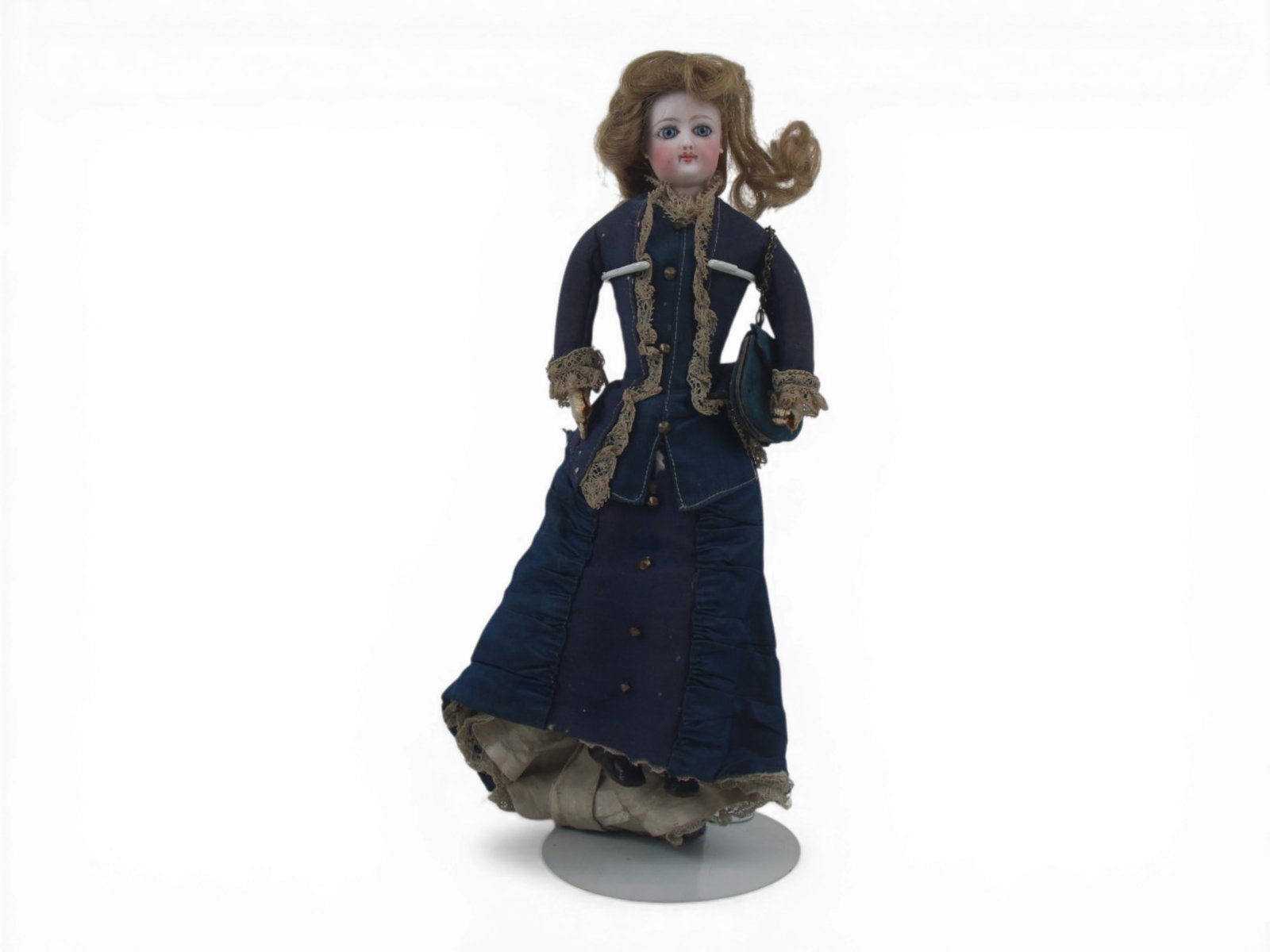 French Bisque Head Fashion Doll: 12 inch bisque head fashion doll on kidskin body with original dress and purse. Owner tag identifies as Bru though unconfirmed. Circa 1880. Shipping: Weiss Auctions offers full-service, in-house shipp