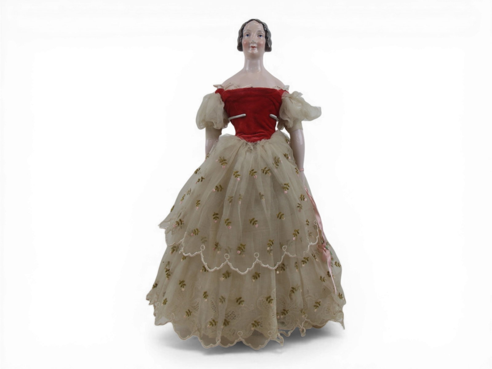 German KPM China Head Lady Doll: 18 inch pink tinted KPM china head doll on cloth body with china limbs, nicely dressed with provenance note. Circa 1840-1850s. Shipping: Weiss Auctions offers full-service, in-house shipping for nearl