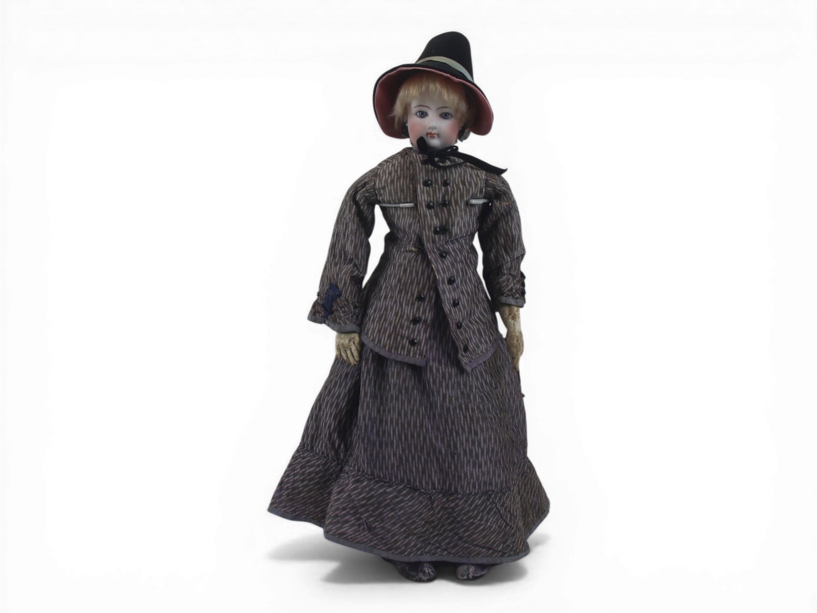 French Bisque Head Fashion Doll: 17 inch bisque socket head fashion doll with original costume and replaced bonnet. Circa 1880. Shipping: Weiss Auctions offers full-service, in-house shipping for nearly all items in this auction. For