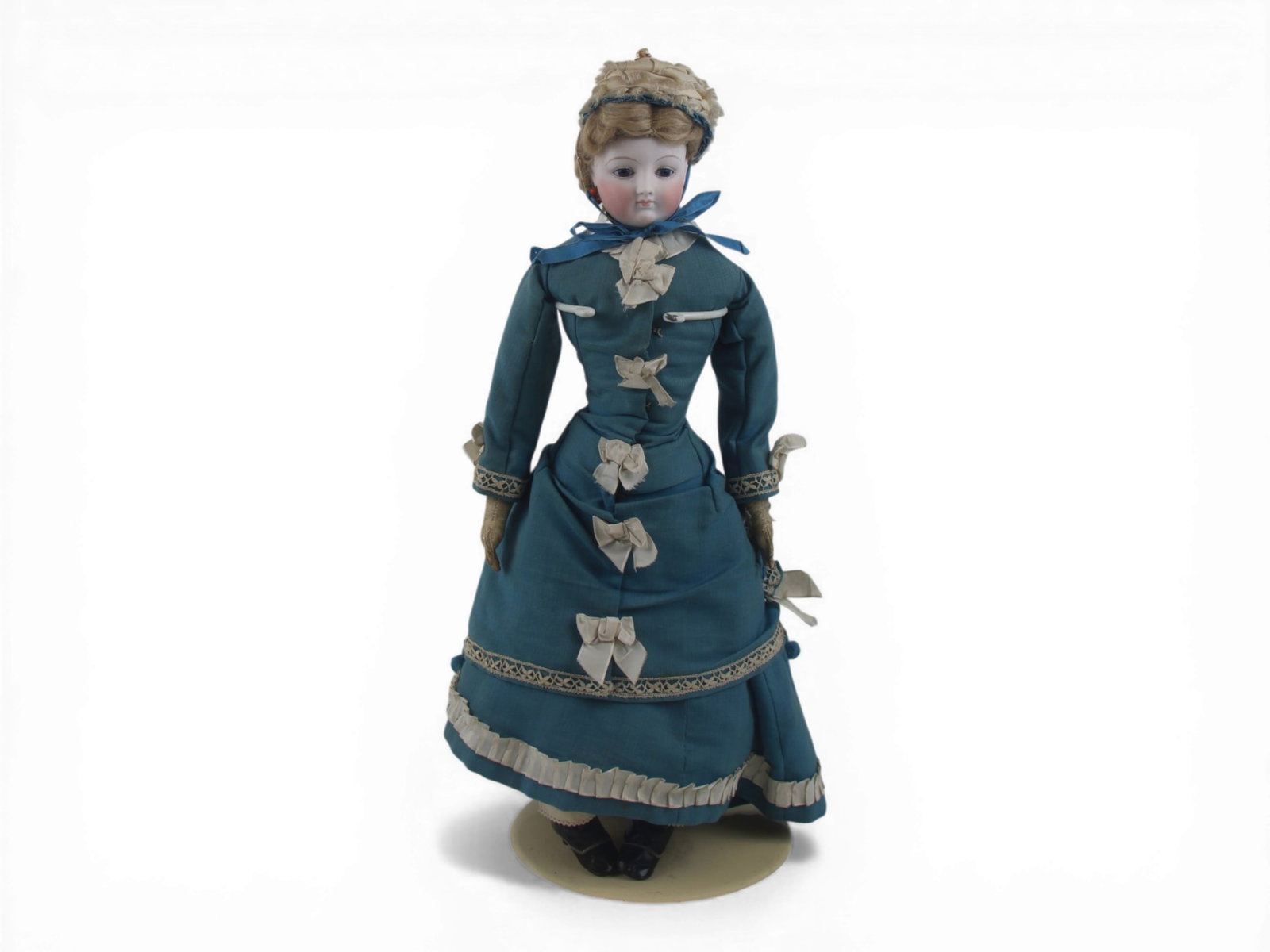French Bisque Head Fashion Doll: 21 inch bisque socket head fashion doll on kidskin body with original costume attributed to Eugene Barrois. Circa 1880. Shipping: Weiss Auctions offers full-service, in-house shipping for nearly all i
